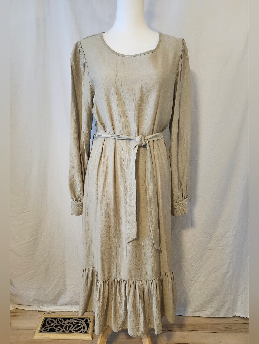 MSCH Copenhagen Belted Long Sleeve Midi Dress With Ruffle in Beige
